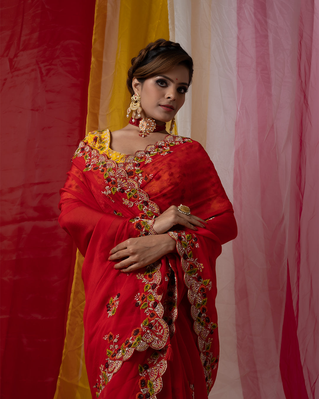 Red Organza Saree with Zardozi Hand Embroidery Thread Work