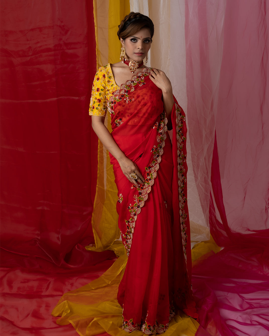 Blood Red- Gold Zardozi Hand Embroidered Pure Silk Saree – Talking Threads