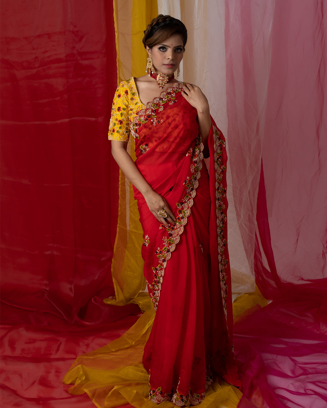 Red Organza Saree with Zardozi Hand Embroidery Thread Work