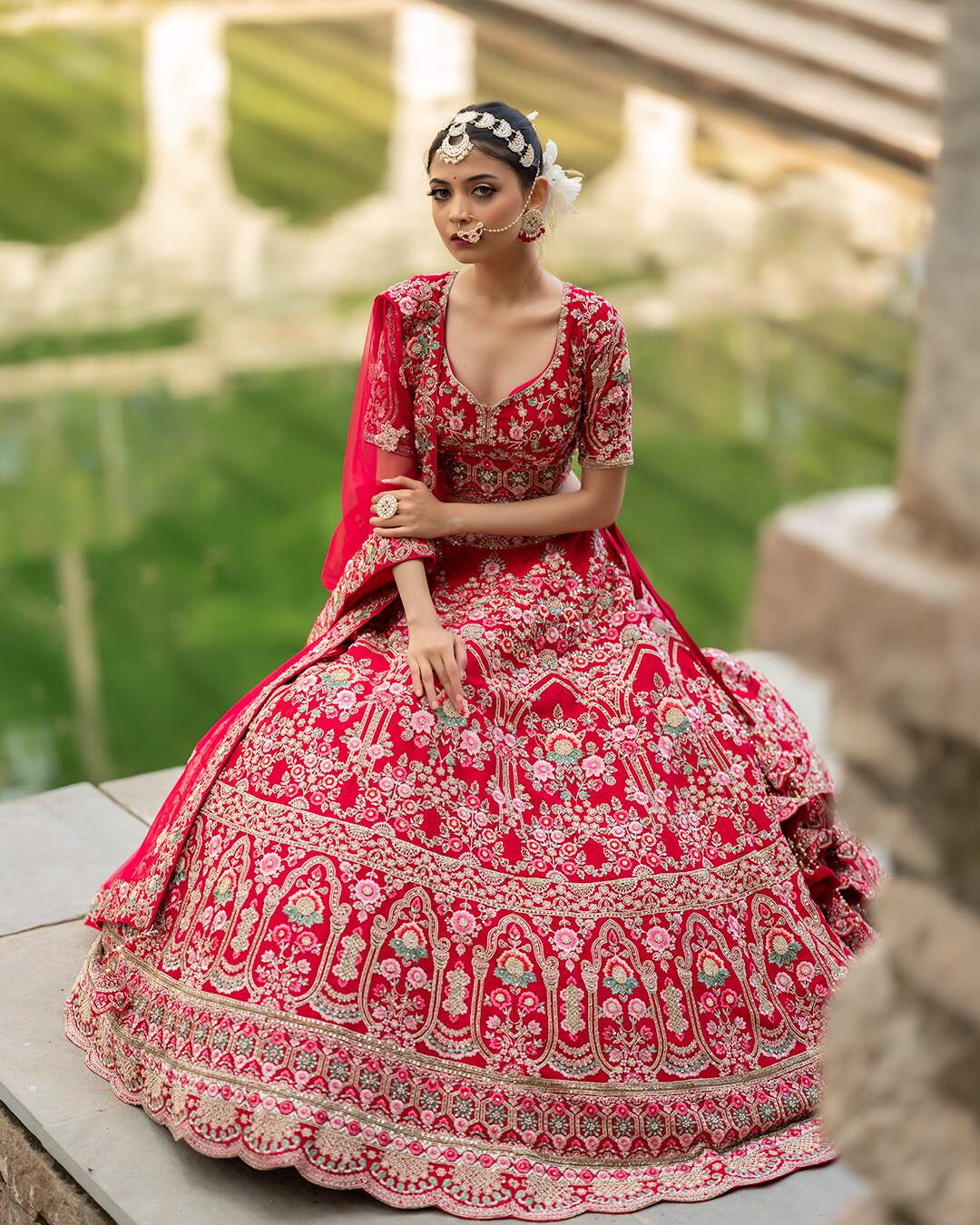 Reddish Pink Zardozi Embroidered with Threadwork Bridal Lehenga Set