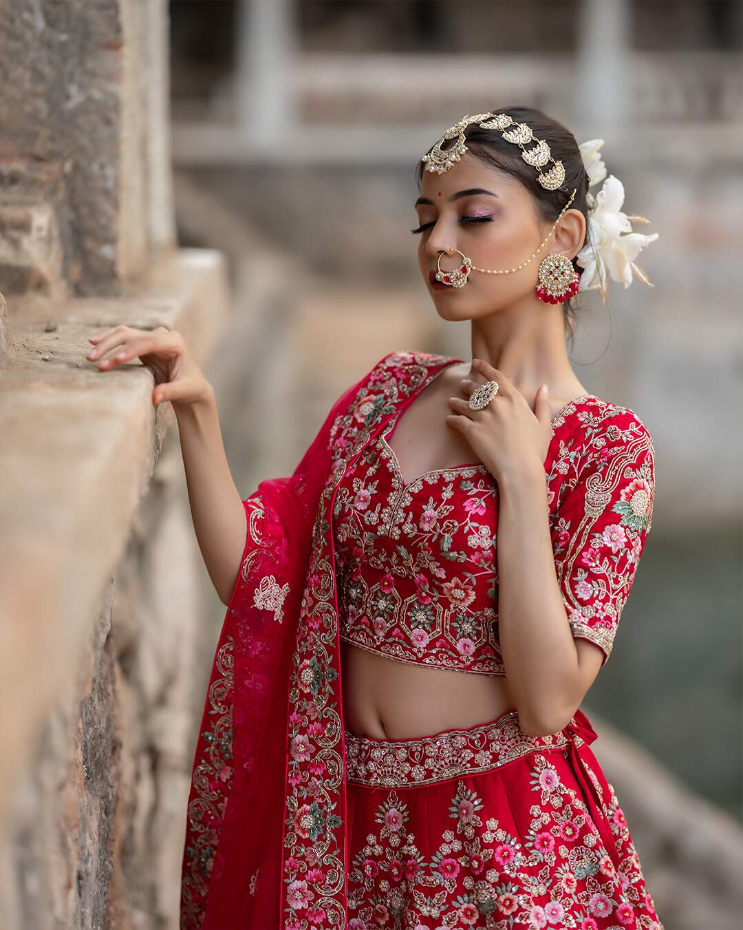 Reddish Pink Zardozi Embroidered with Threadwork Bridal Lehenga Set