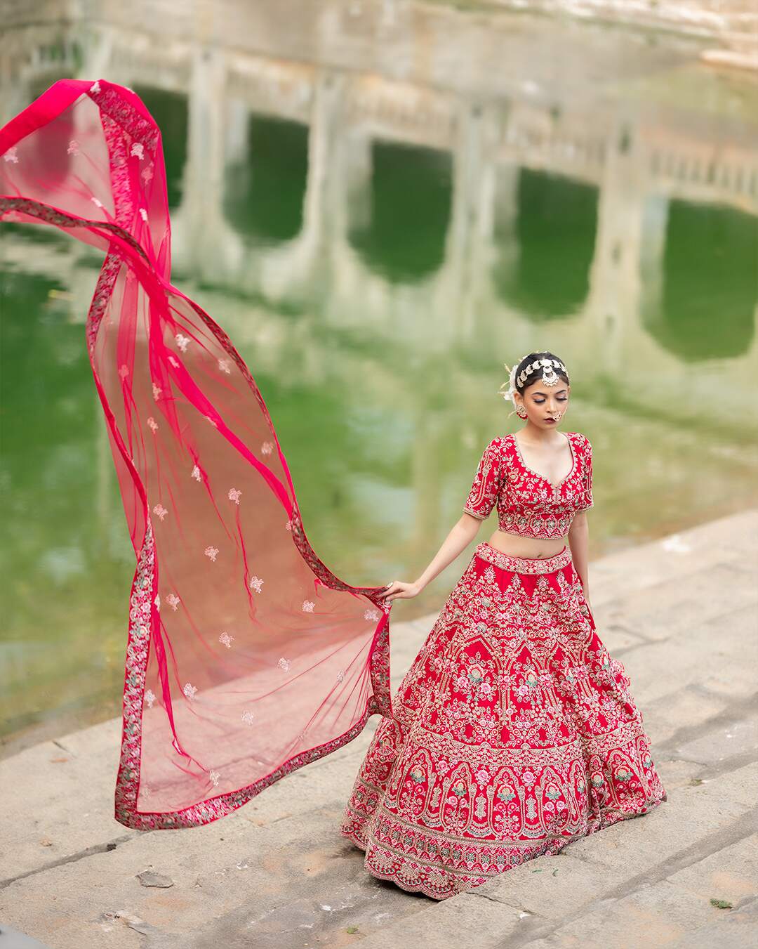 Reddish Pink Zardozi Embroidered with Threadwork Bridal Lehenga Set