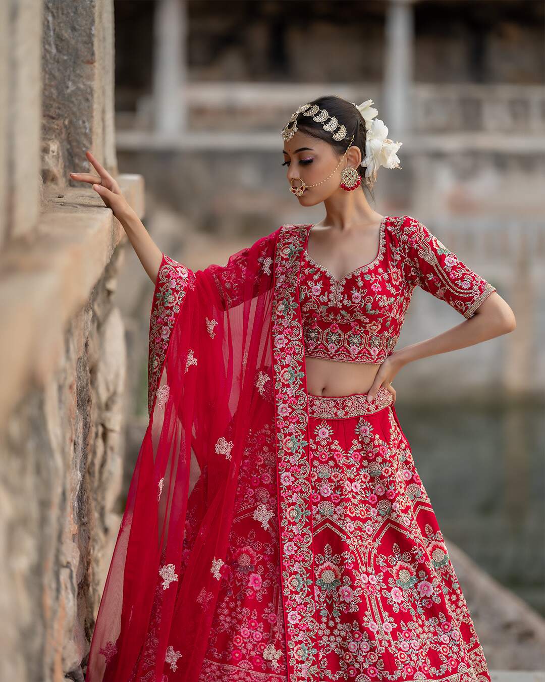 Reddish Pink Zardozi Embroidered with Threadwork Bridal Lehenga Set