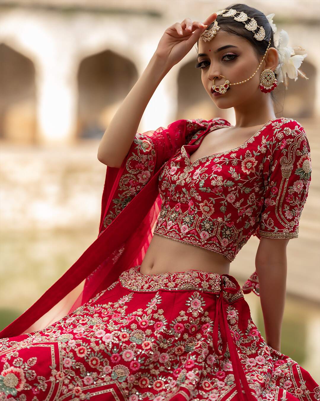 Reddish Pink Zardozi Embroidered with Threadwork Bridal Lehenga Set