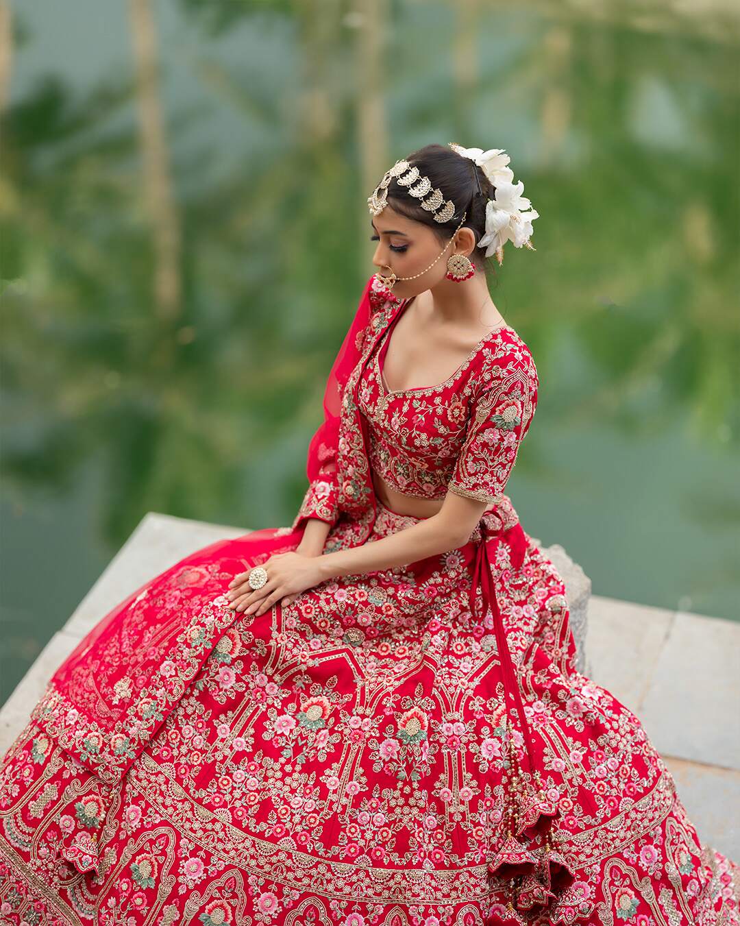 Reddish Pink Zardozi Embroidered with Threadwork Bridal Lehenga Set