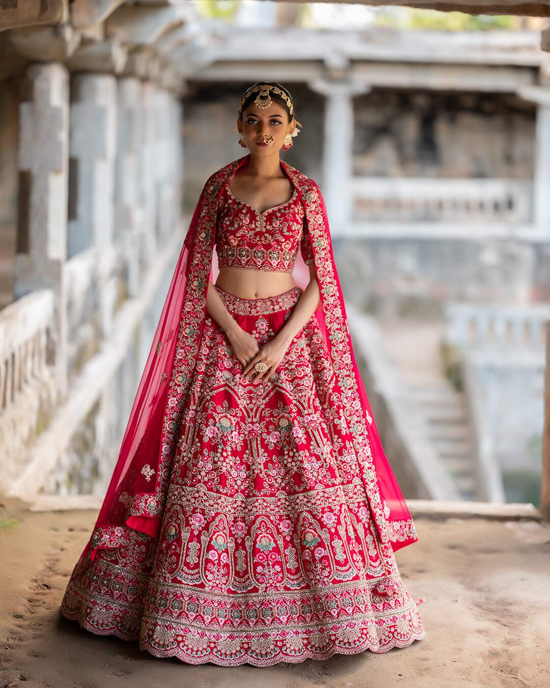 Reddish Pink Zardozi Embroidered with Threadwork Bridal Lehenga Set