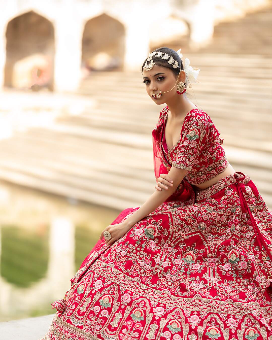 Reddish Pink Zardozi Embroidered with Threadwork Bridal Lehenga Set