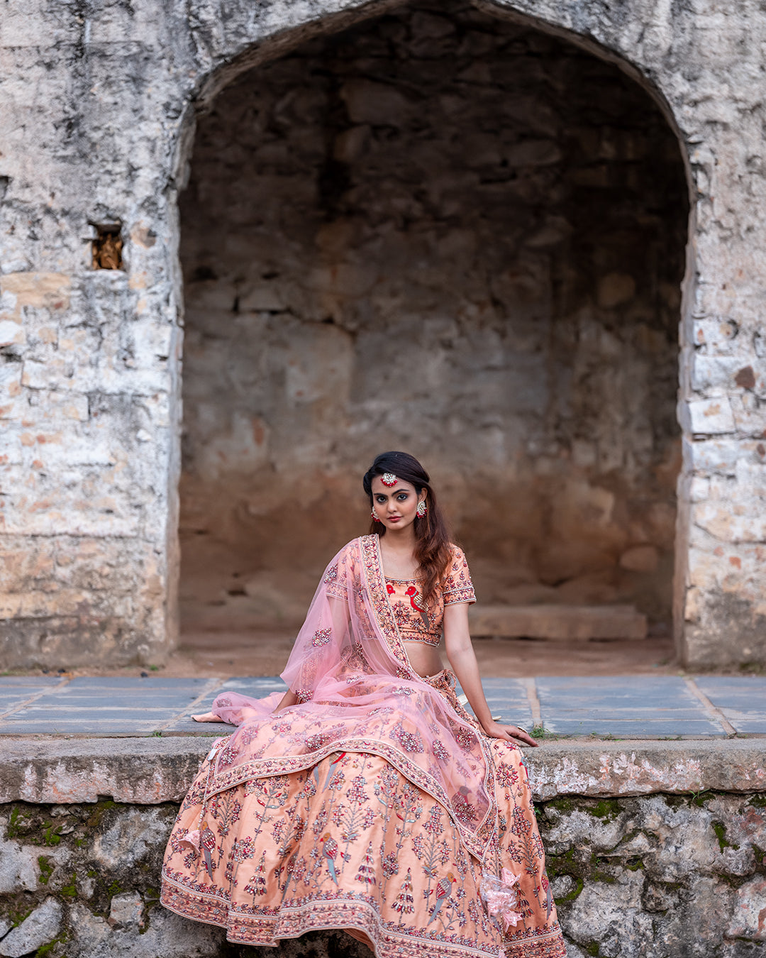Salmon Peach Hand Embroidered Bridal Lehenga Set