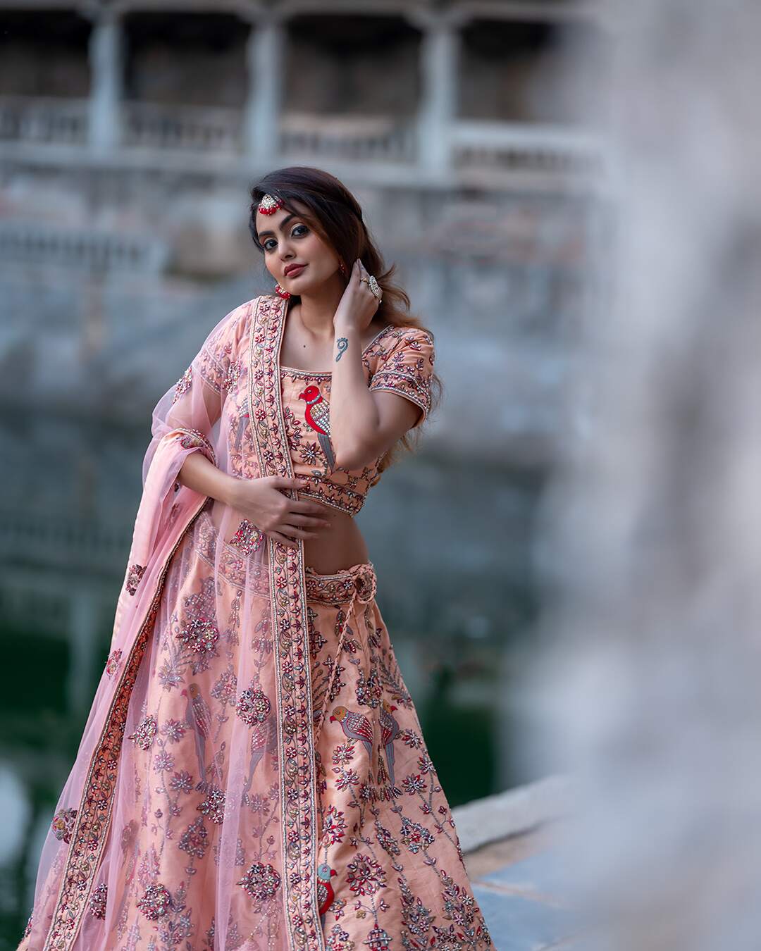 Salmon Peach Hand Embroidered Bridal Lehenga Set
