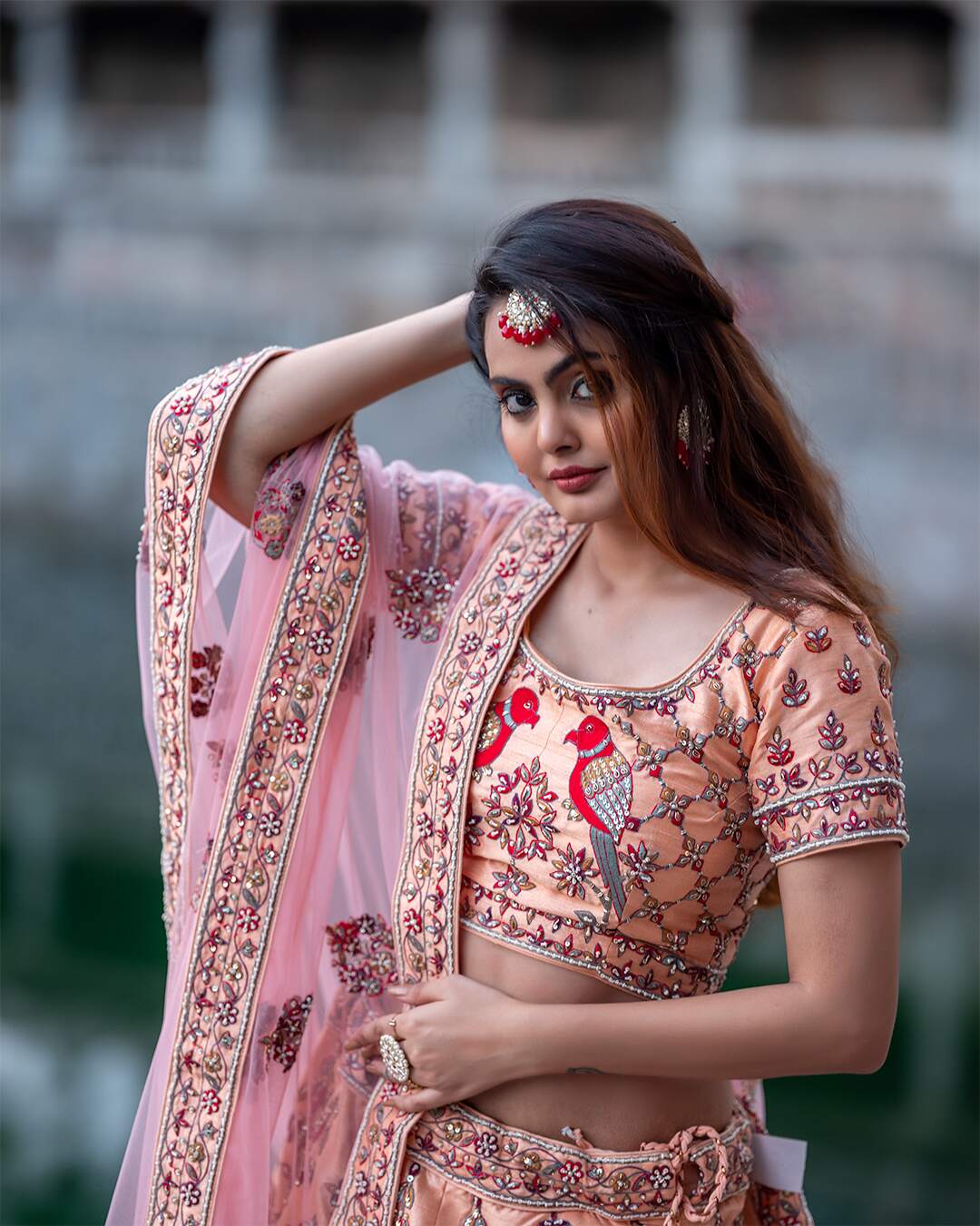 Salmon Peach Hand Embroidered Bridal Lehenga Set