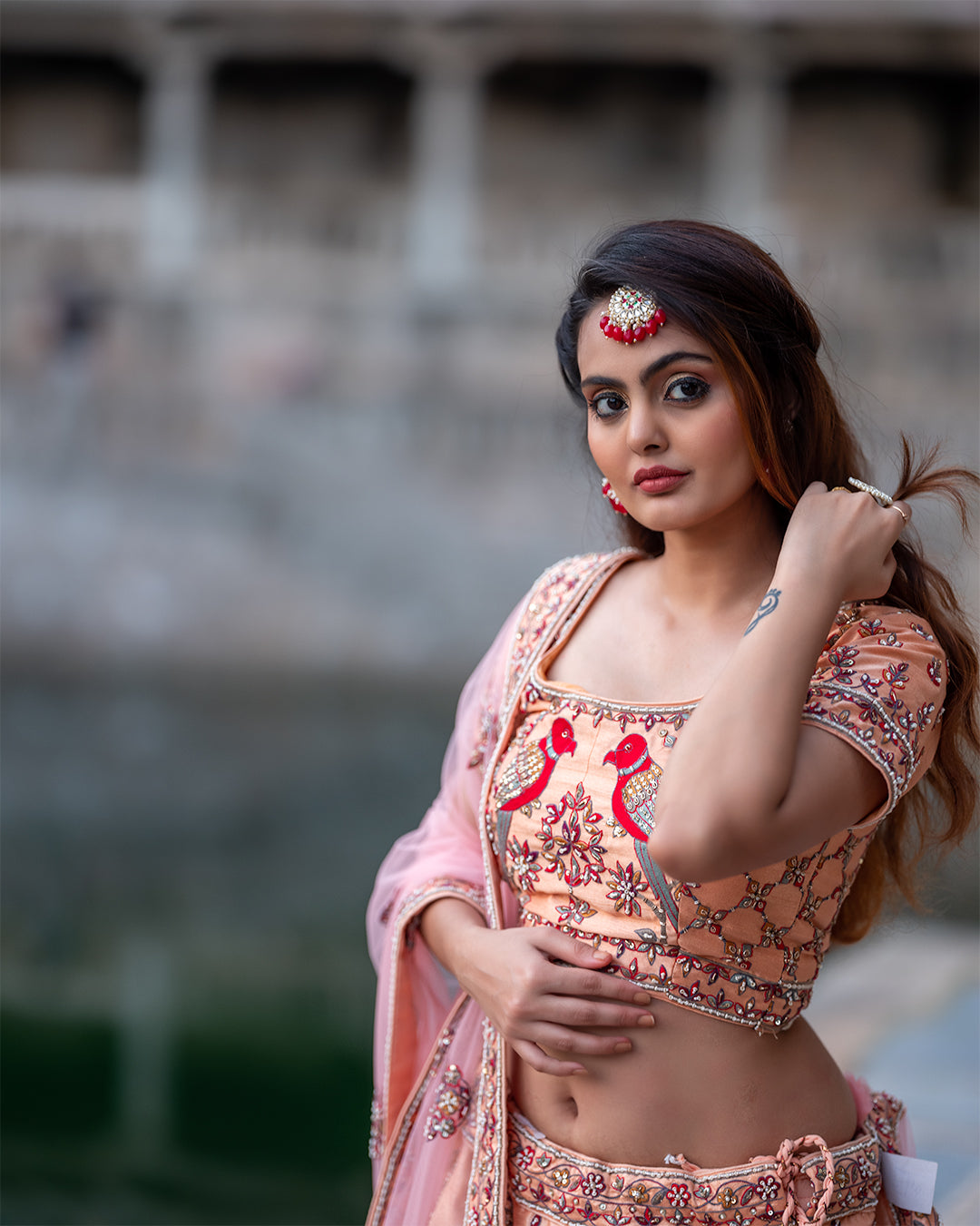 Salmon Peach Hand Embroidered Bridal Lehenga Set