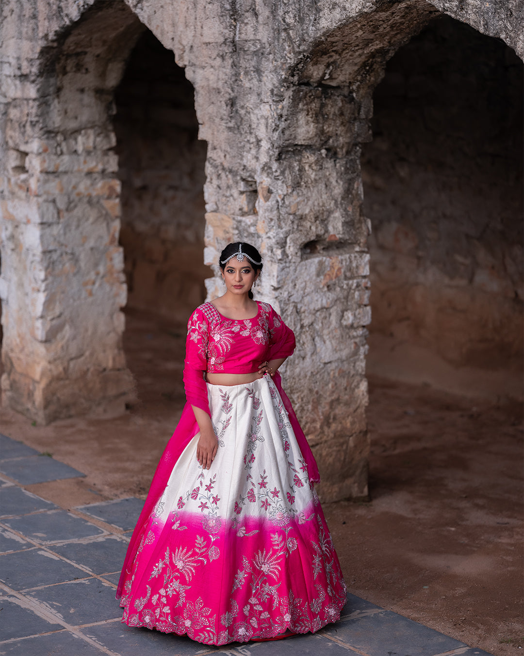 Shaded Hot Pink and White Sequin and Floral Lehenga Set