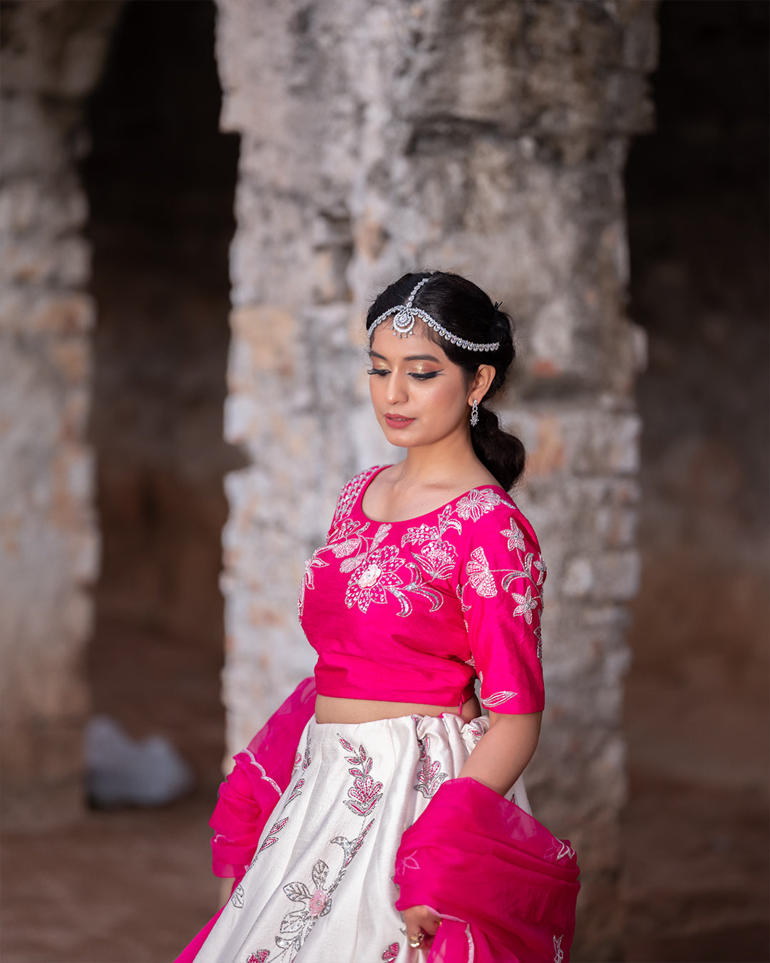 Shaded Hot Pink and White Sequin and Floral Lehenga Set