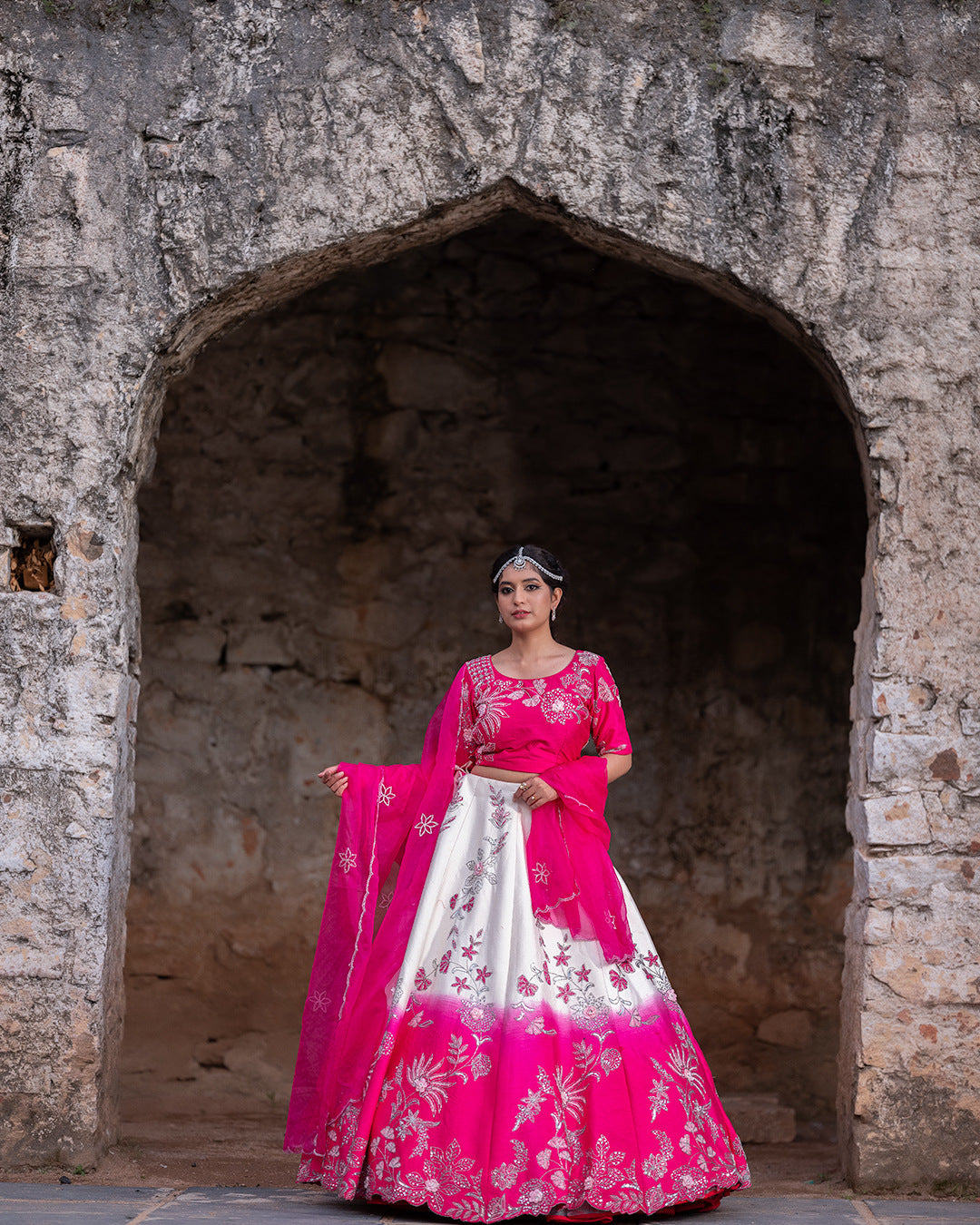 Shaded Hot Pink and White Sequin and Floral Lehenga Set