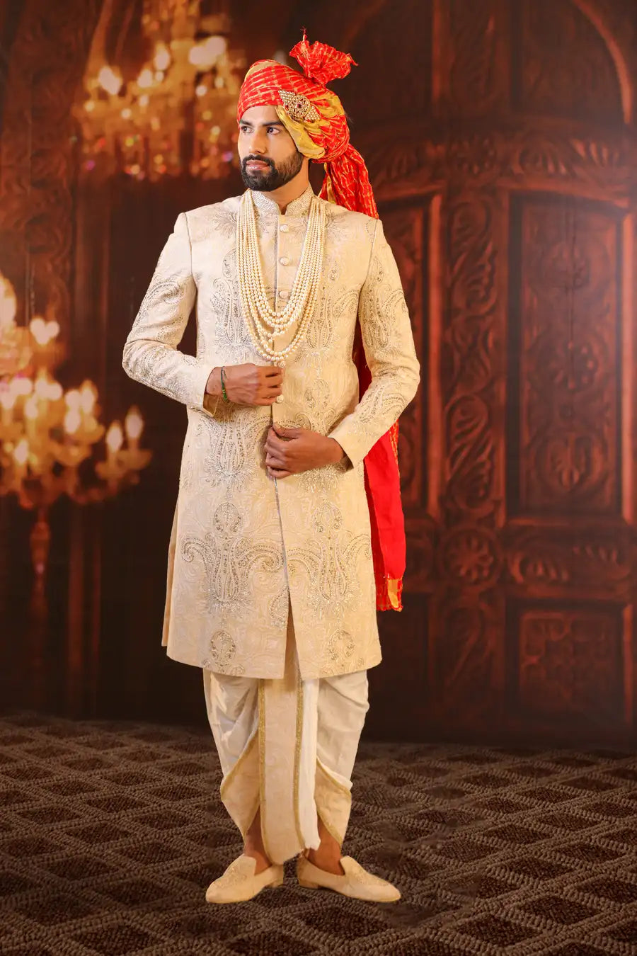 Sunset Hues Embroidered Wedding Sherwani Pcs Set – Khushboo Baheti
