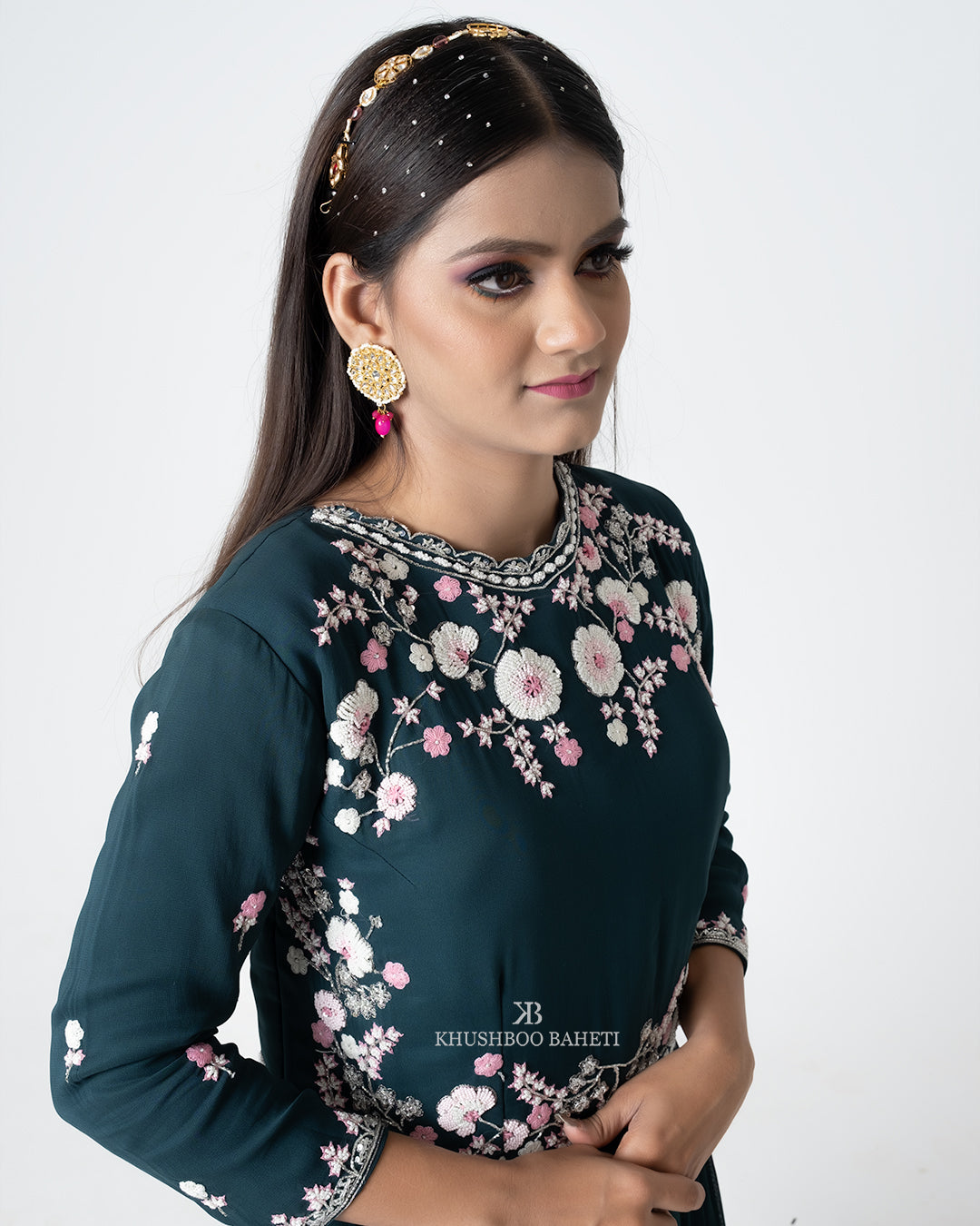 Teal Green Hand Embroidered Gown