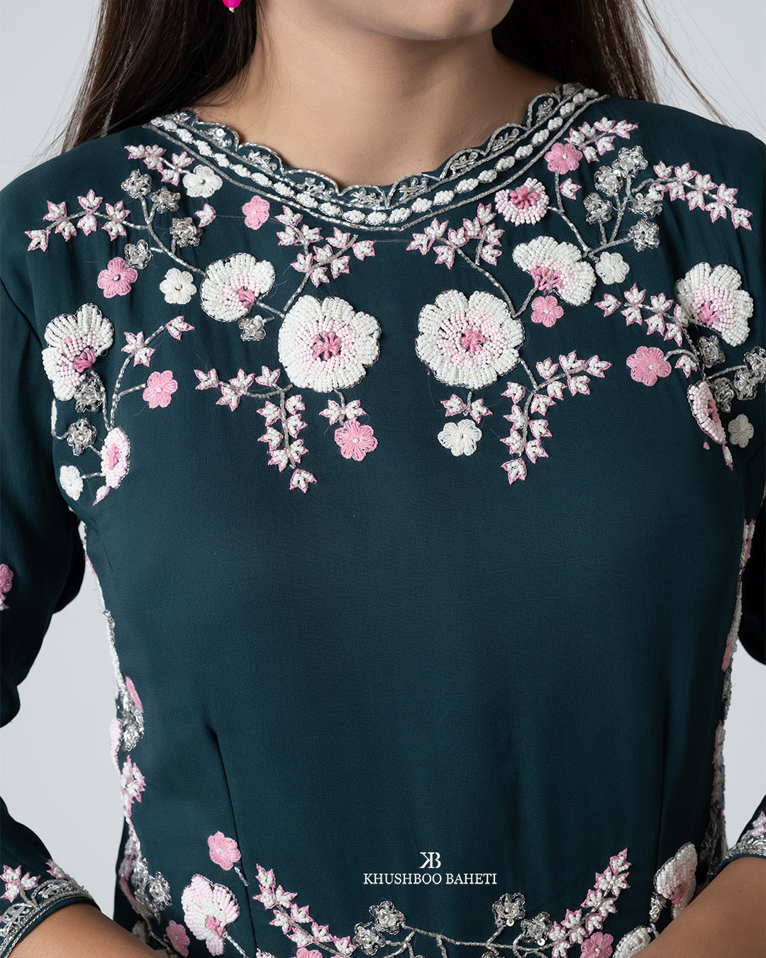Teal Green Hand Embroidered Gown