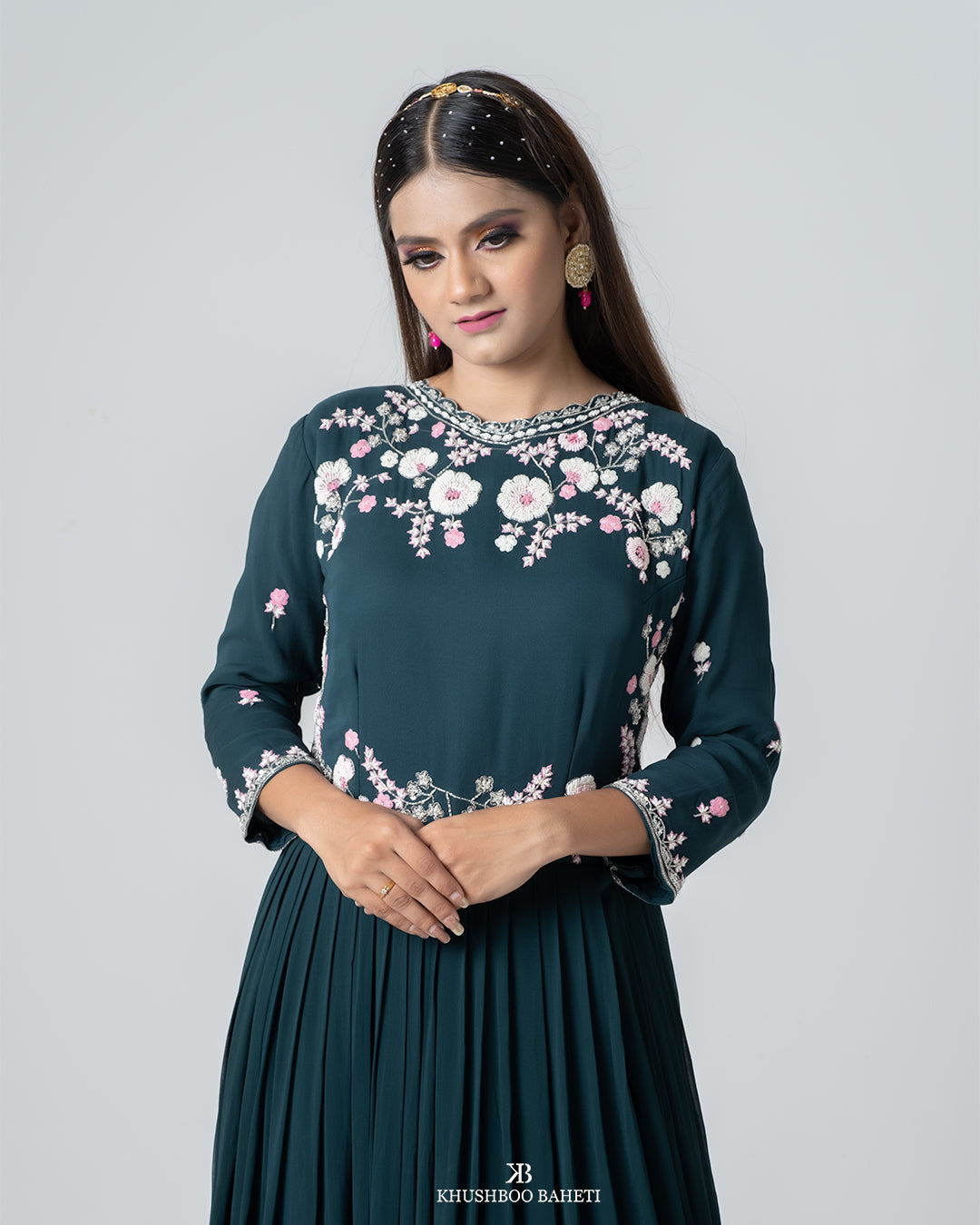 Teal Green Hand Embroidered Gown