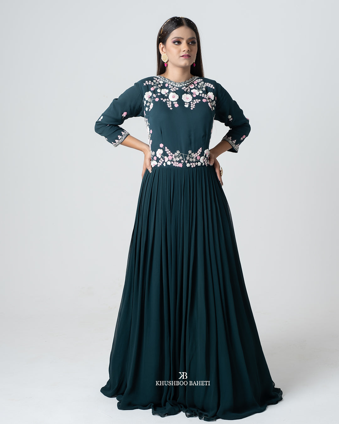 Teal Green Hand Embroidered Gown