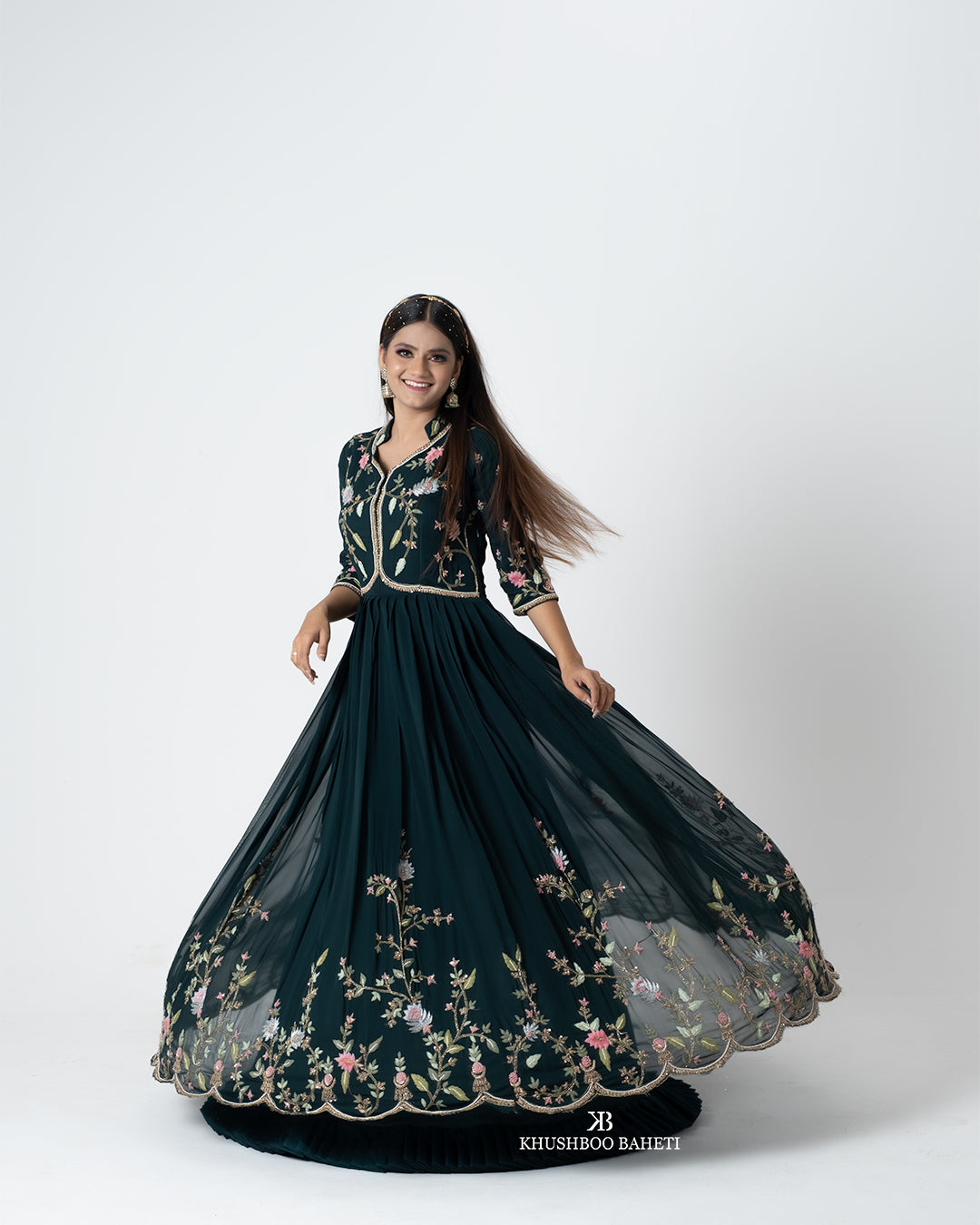 Teal Green Hand Embroidered Gown