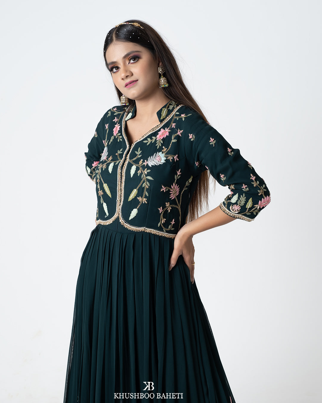 Teal Green Hand Embroidered Gown