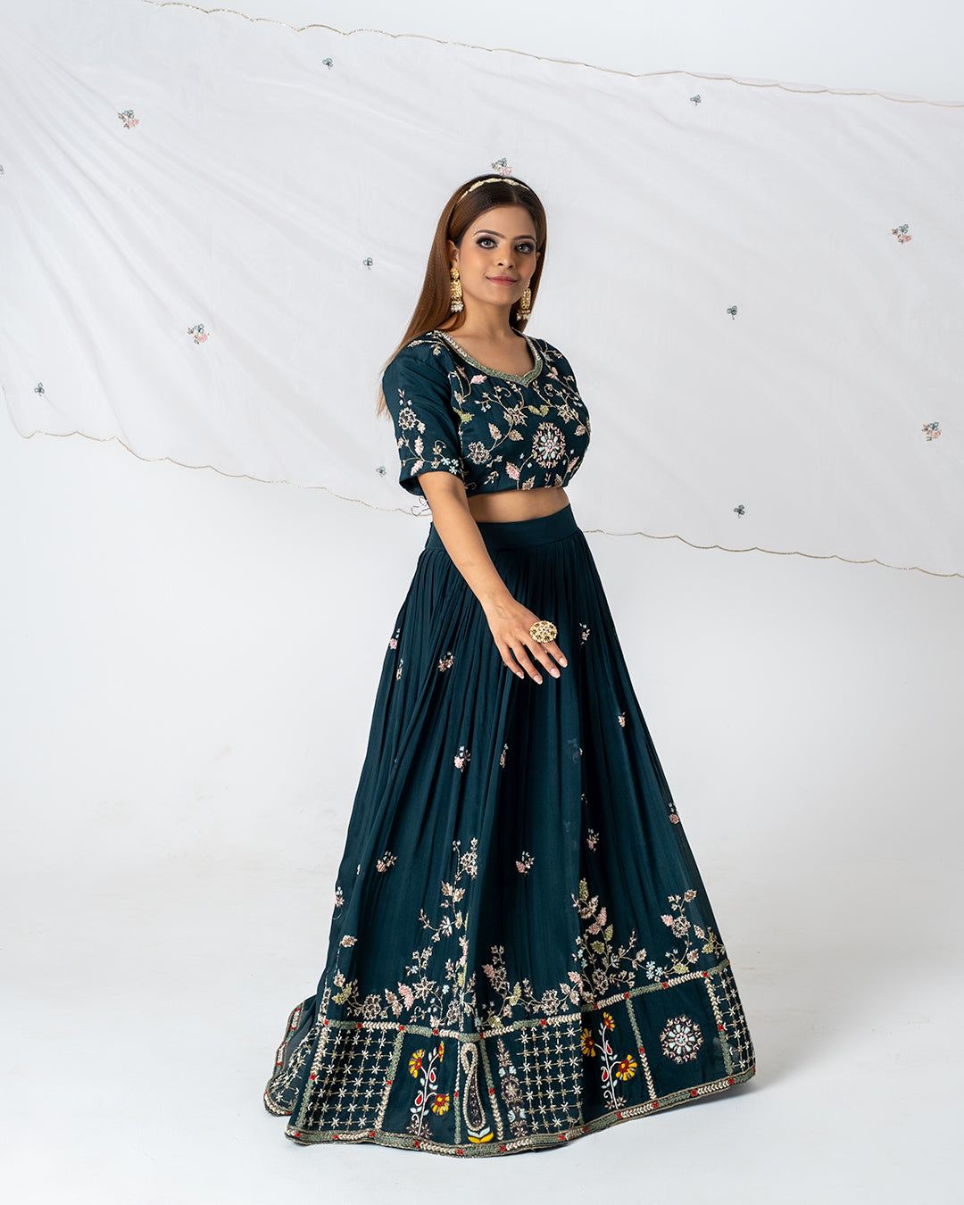 Teal Green Hand Embroidered Lehenga Set