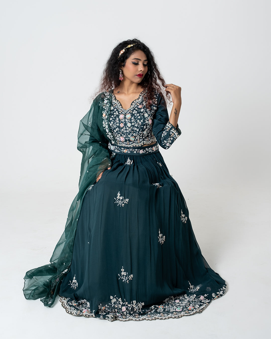 Teal Green Hand Embroidered Lehenga Set