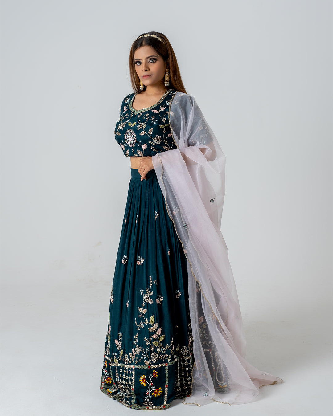 Teal Green Hand Embroidered Lehenga Set