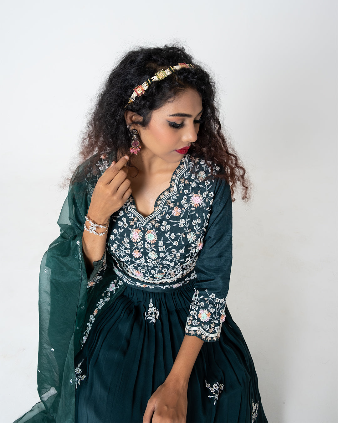 Teal Green Hand Embroidered Lehenga Set