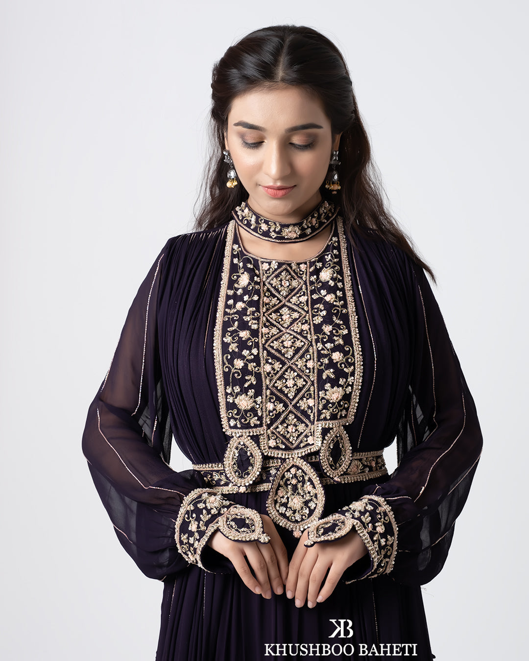 Wine Color Hand Embroidered Gown