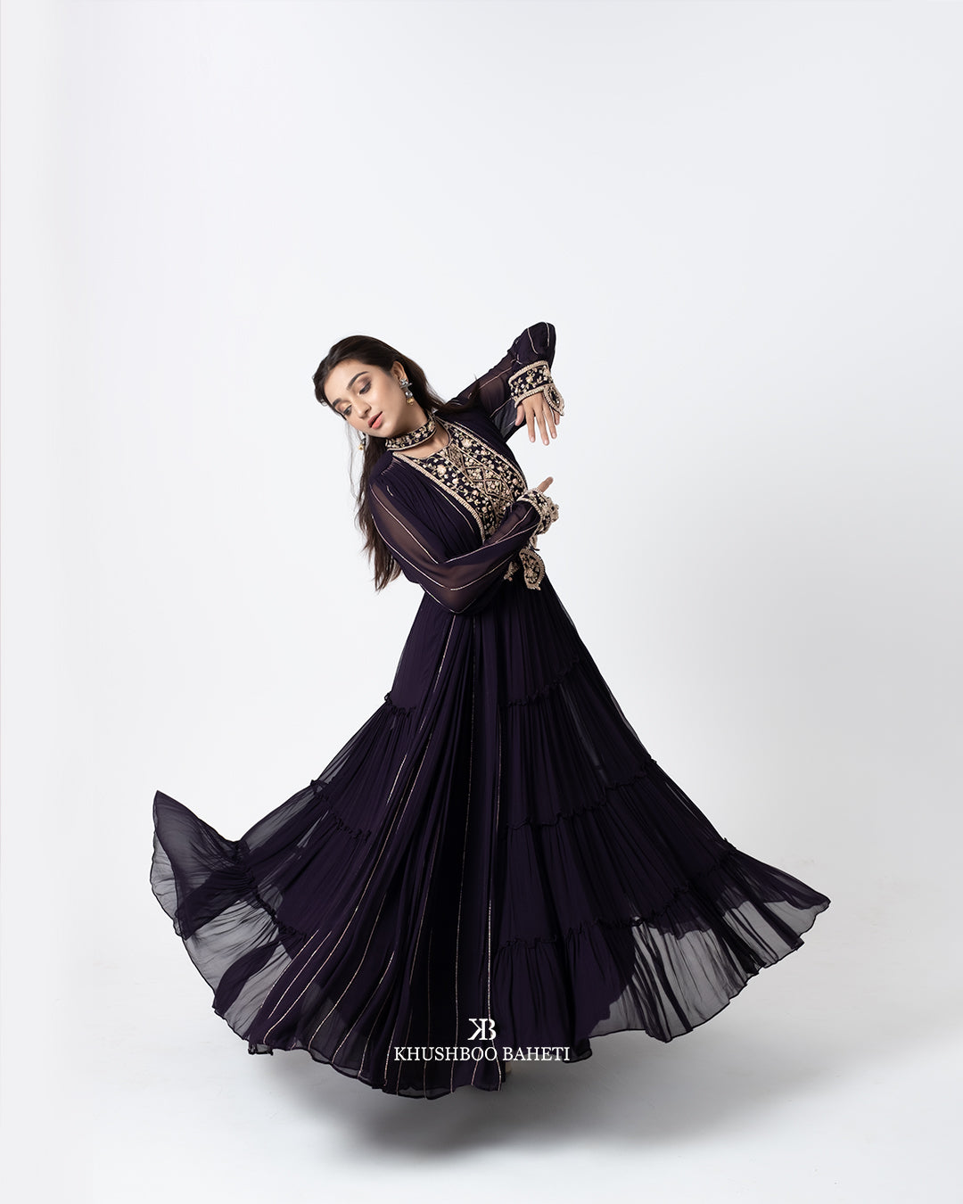 Wine Color Hand Embroidered Gown