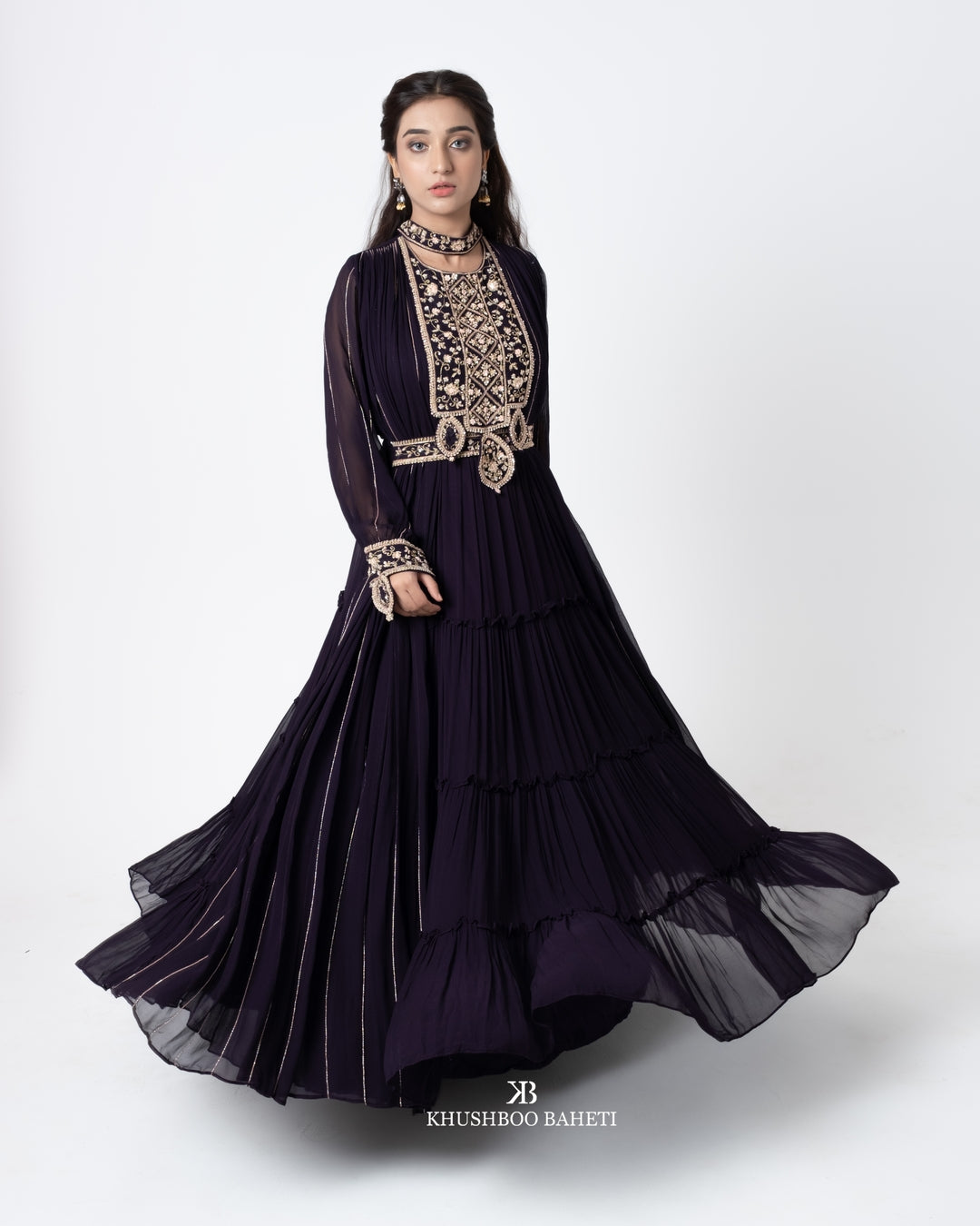 Wine Color Hand Embroidered Gown