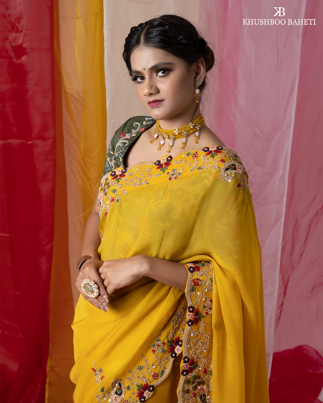 Yellow Organza Saree with Zardozi Hand Embroidery Thread Work