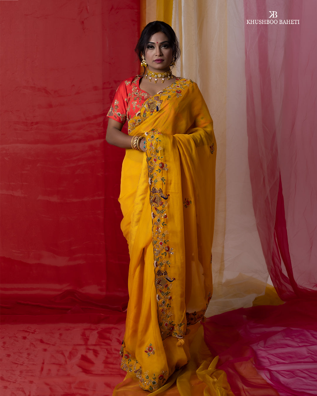 Yellow Organza Saree with Zardozi Hand Embroidery Thread Work