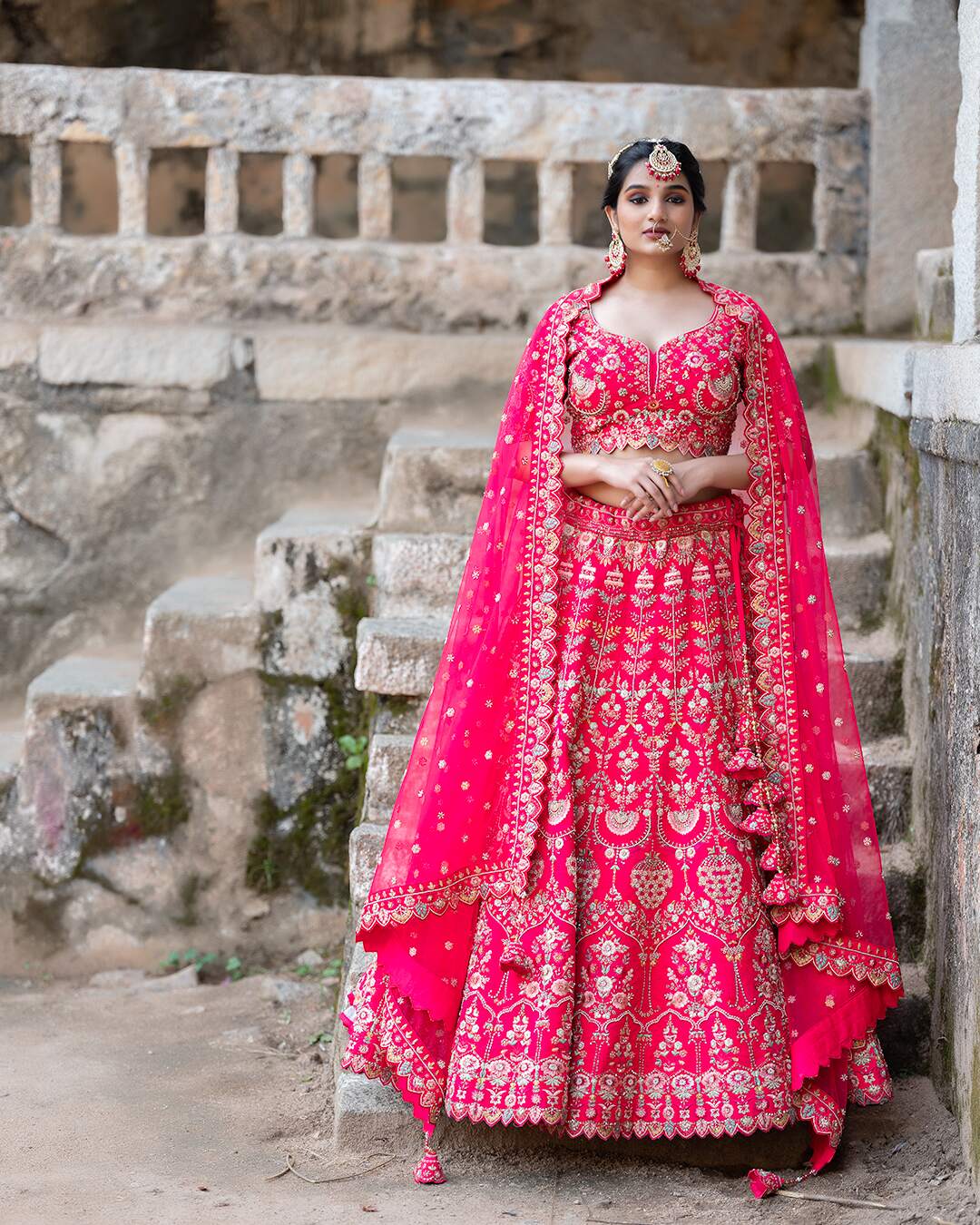 Zardozi Embroidered with Multicolour Threadwork Pink Bridal Lehenga Set