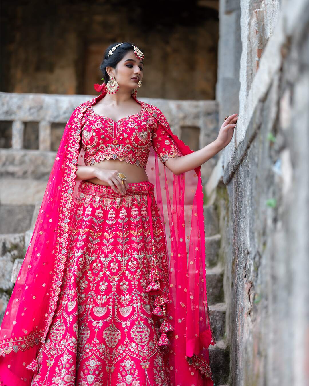 Zardozi Embroidered with Multicolour Threadwork Pink Bridal Lehenga Set