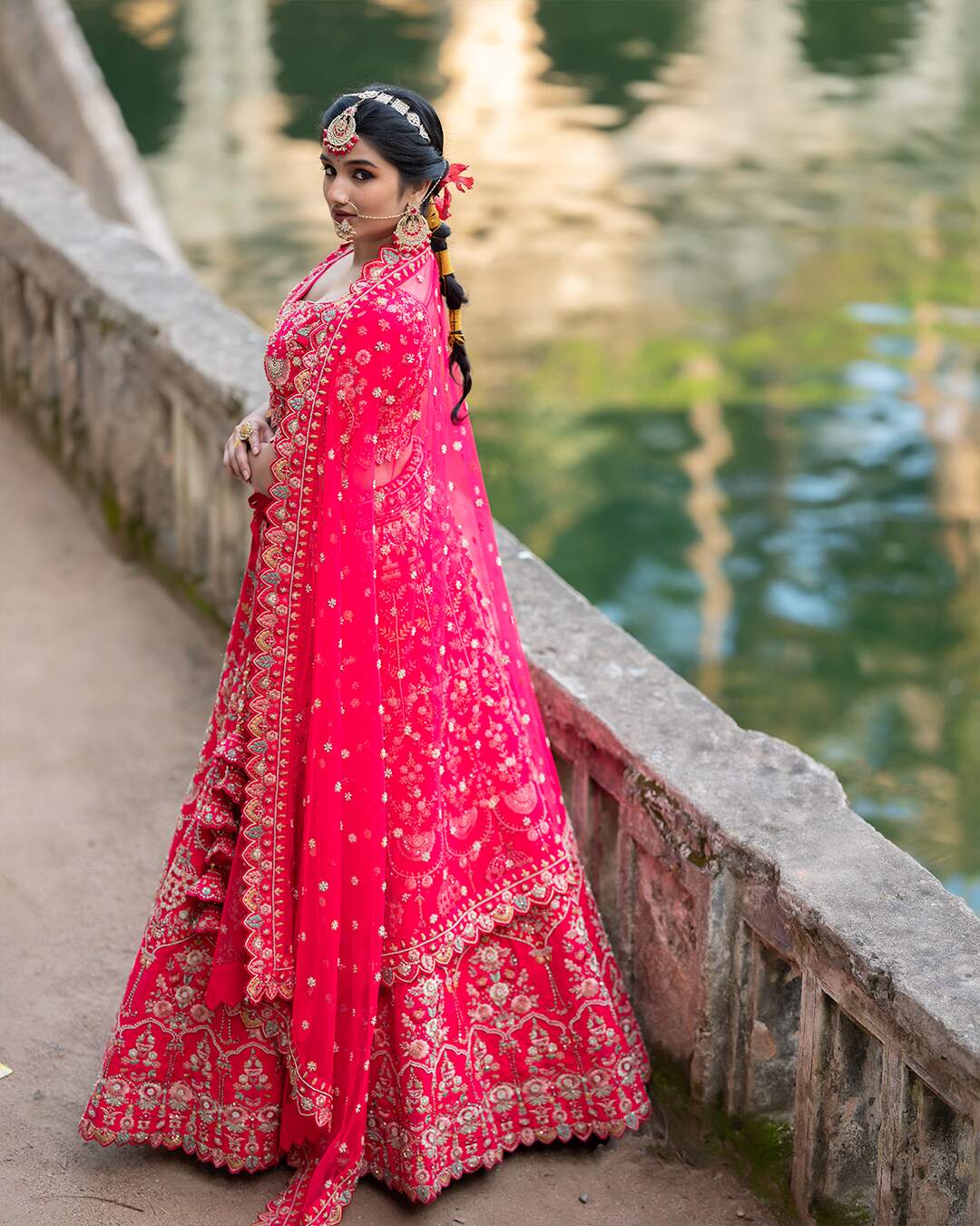 Zardozi Embroidered with Multicolour Threadwork Pink Bridal Lehenga Set