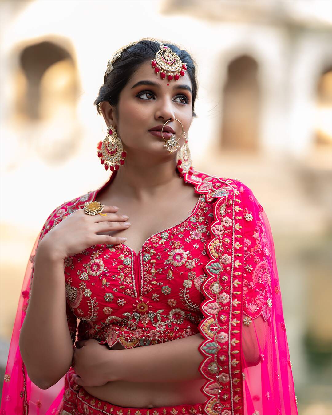 Zardozi Embroidered with Multicolour Threadwork Pink Bridal Lehenga Set