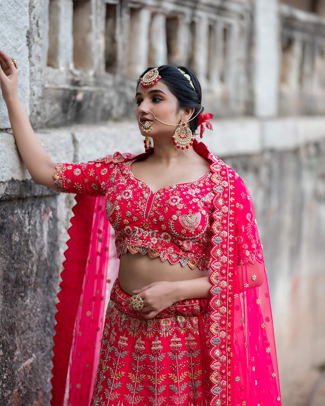 Zardozi Embroidered with Multicolour Threadwork Pink Bridal Lehenga Set