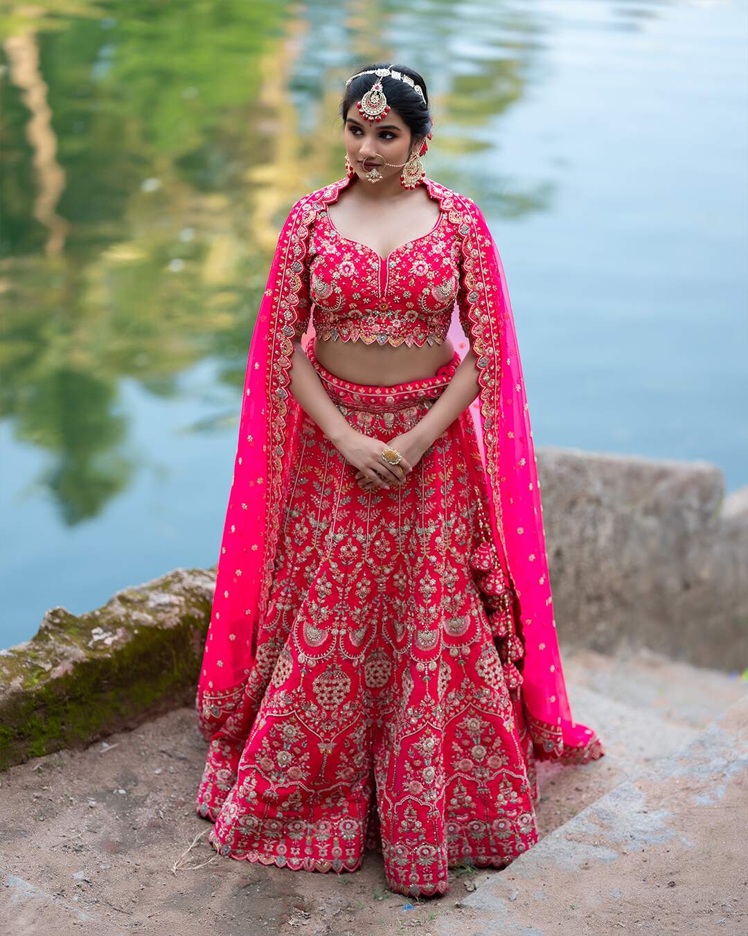 Zardozi Embroidered with Multicolour Threadwork Pink Bridal Lehenga Set