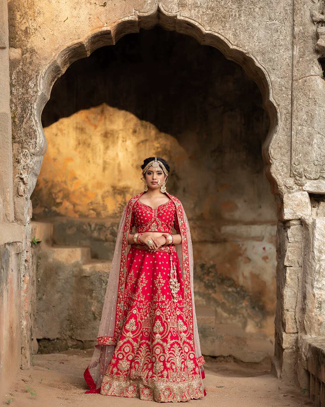Zardozi and Sequins Embroidered Velvet Red Bridal Lehenga Set