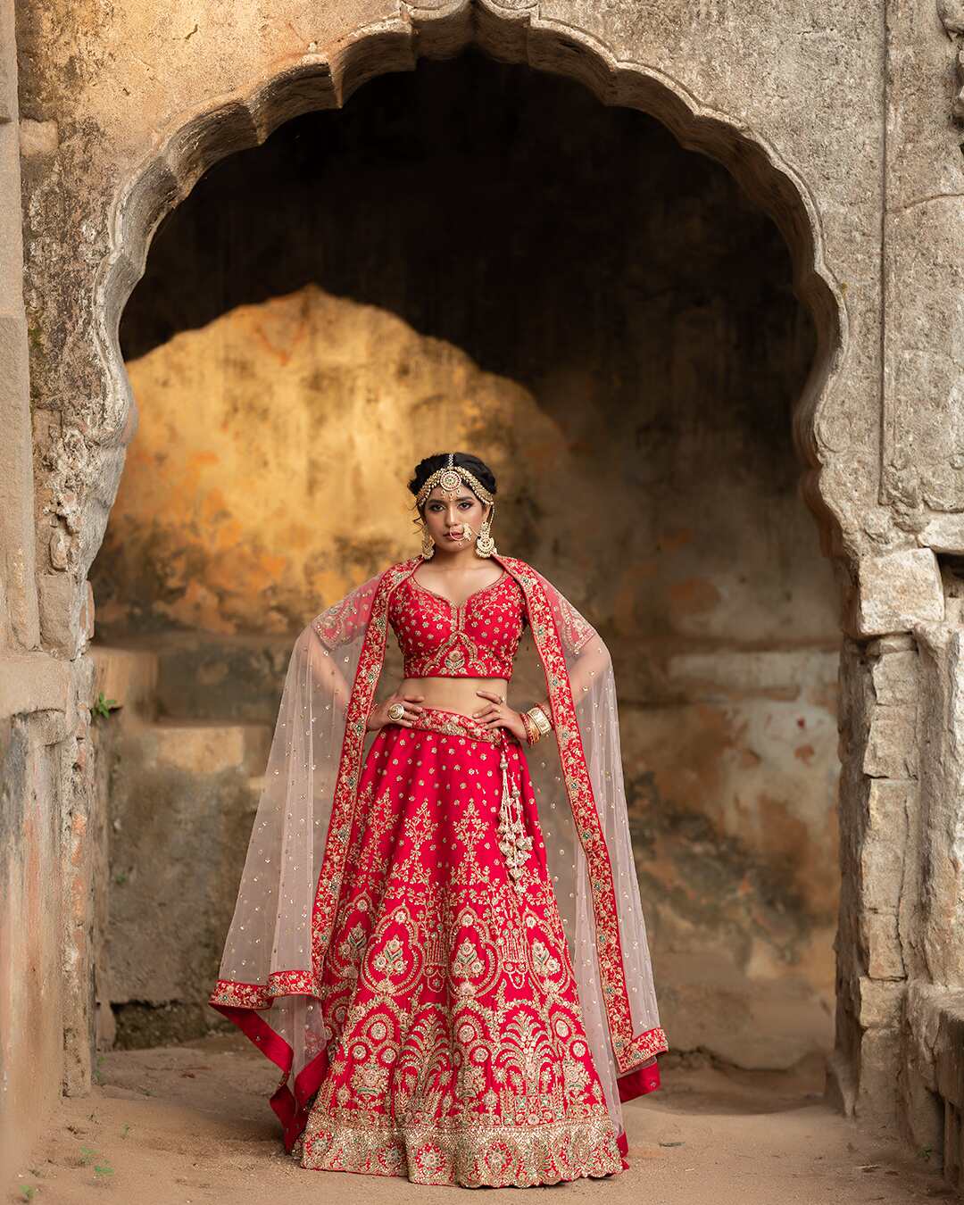 Zardozi and Sequins Embroidered Velvet Red Bridal Lehenga Set