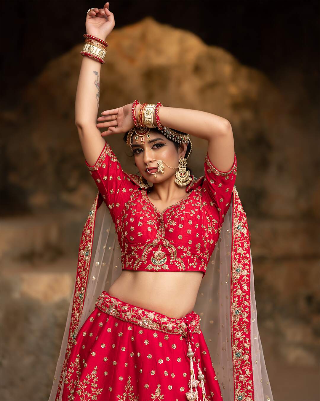 Zardozi and Sequins Embroidered Velvet Red Bridal Lehenga Set