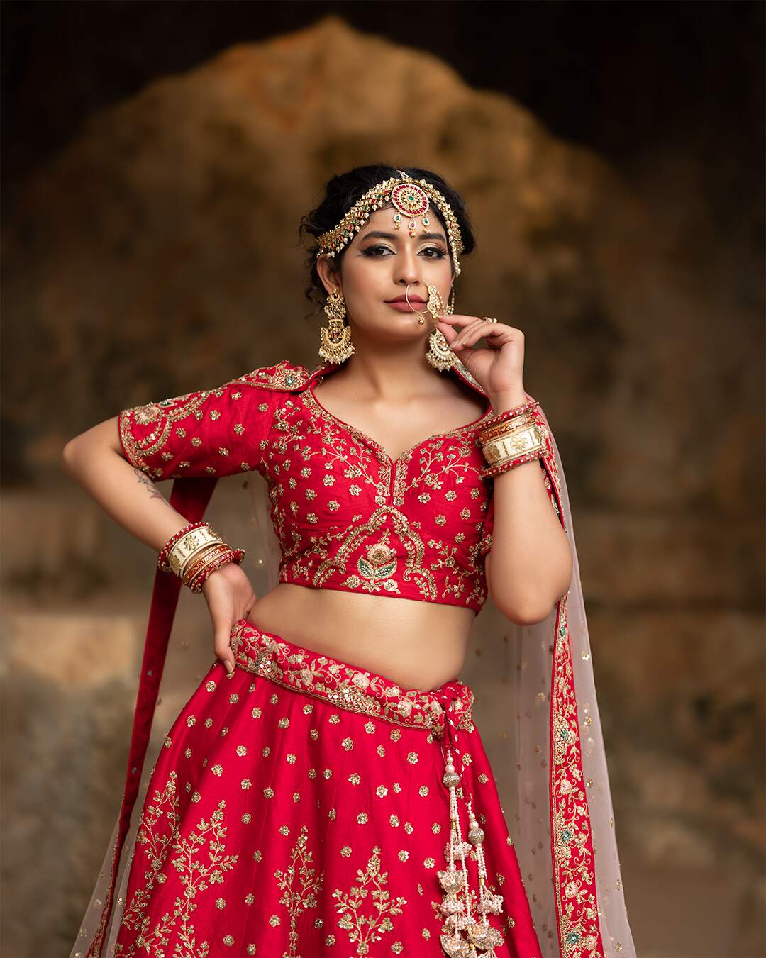 Zardozi and Sequins Embroidered Velvet Red Bridal Lehenga Set