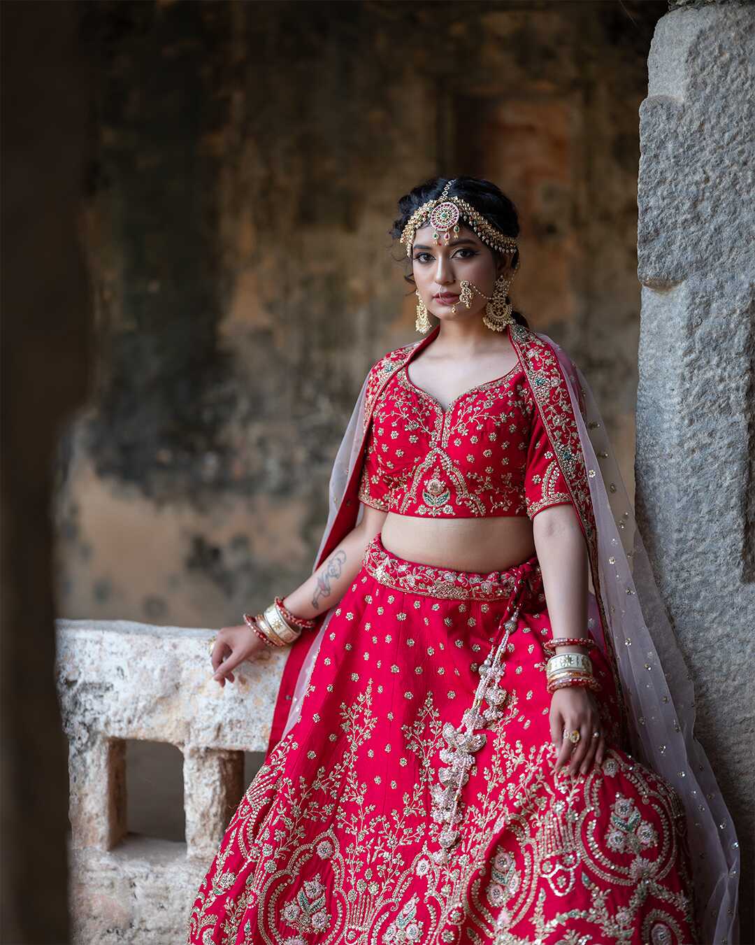 Zardozi and Sequins Embroidered Velvet Red Bridal Lehenga Set