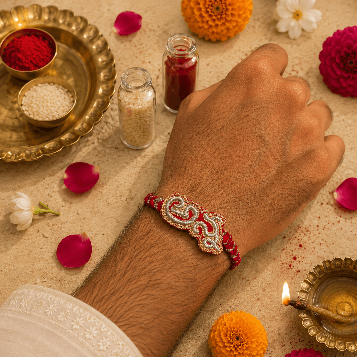 Anna (in Telugu) Hand Embroidered Rakhi | Red & Silver | Anchor, Wool and Metallic Thread