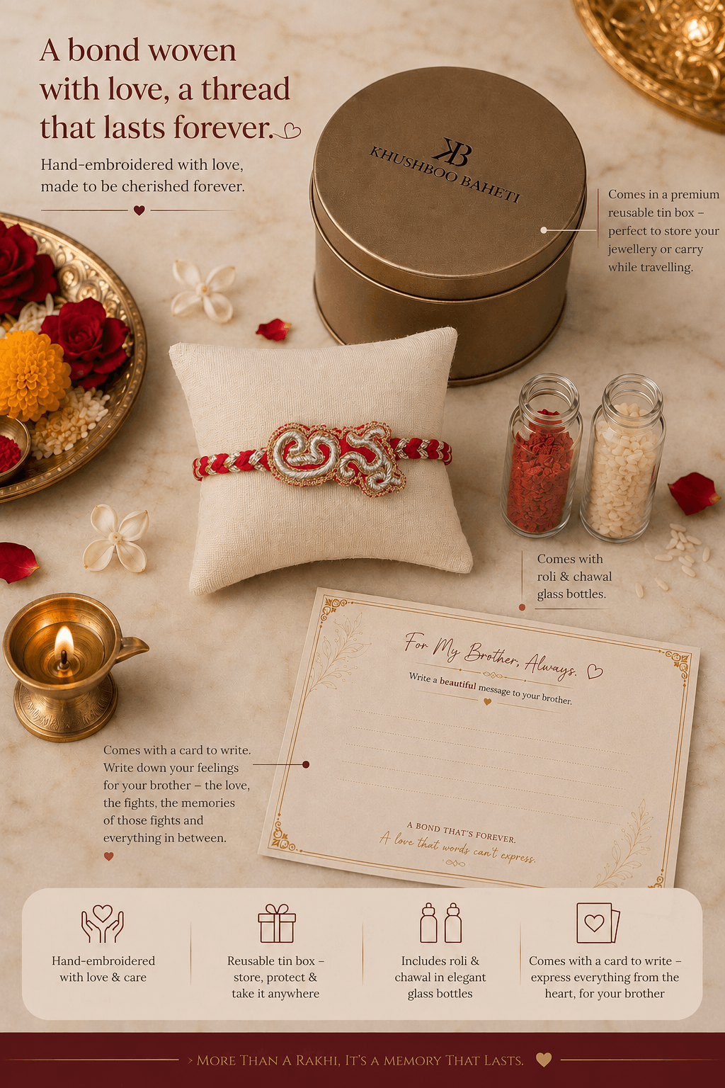 Anna (in Telugu) Hand Embroidered Rakhi | Red & Silver | Anchor, Wool and Metallic Thread