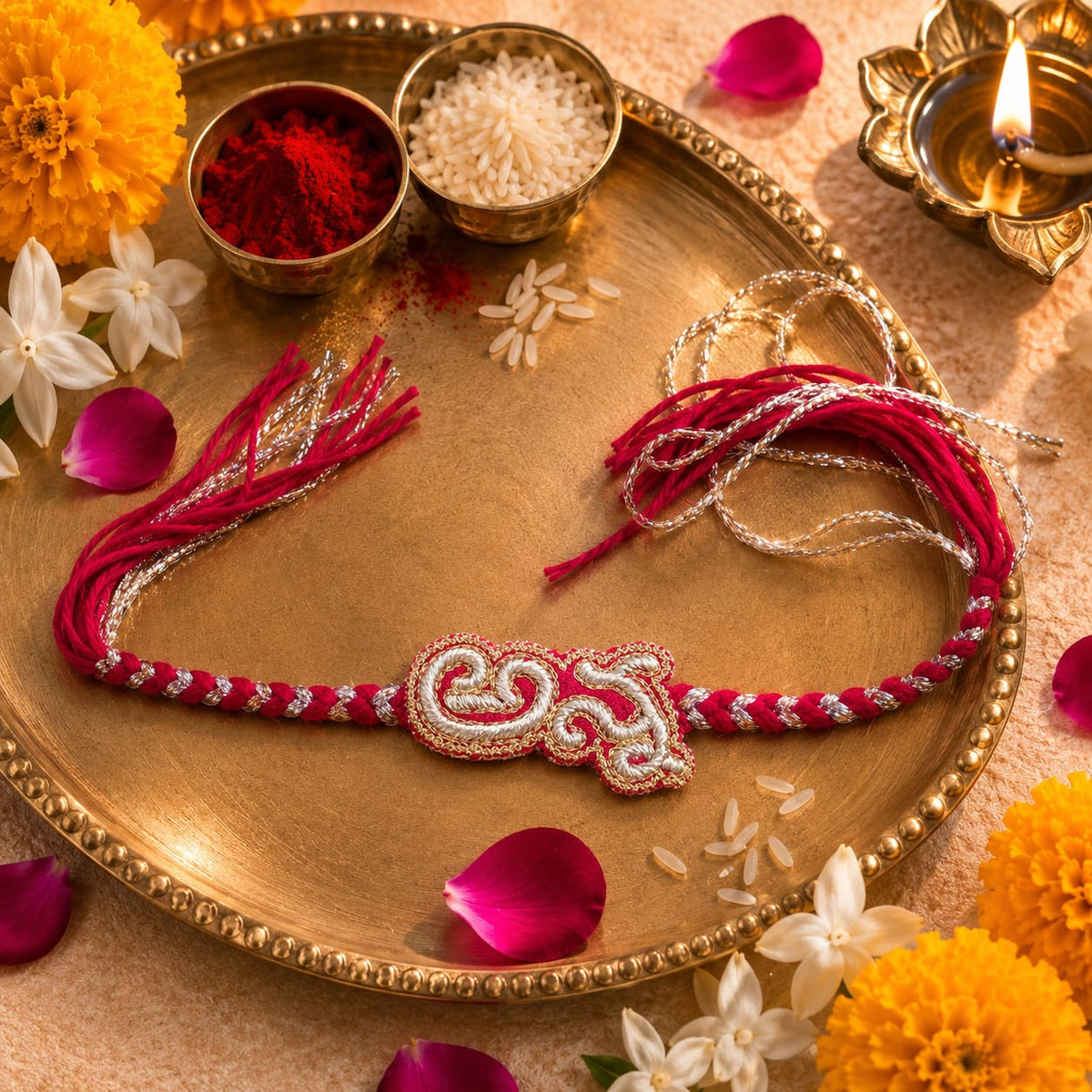 Anna (in Telugu) Hand Embroidered Rakhi | Red & Silver | Anchor, Wool and Metallic Thread