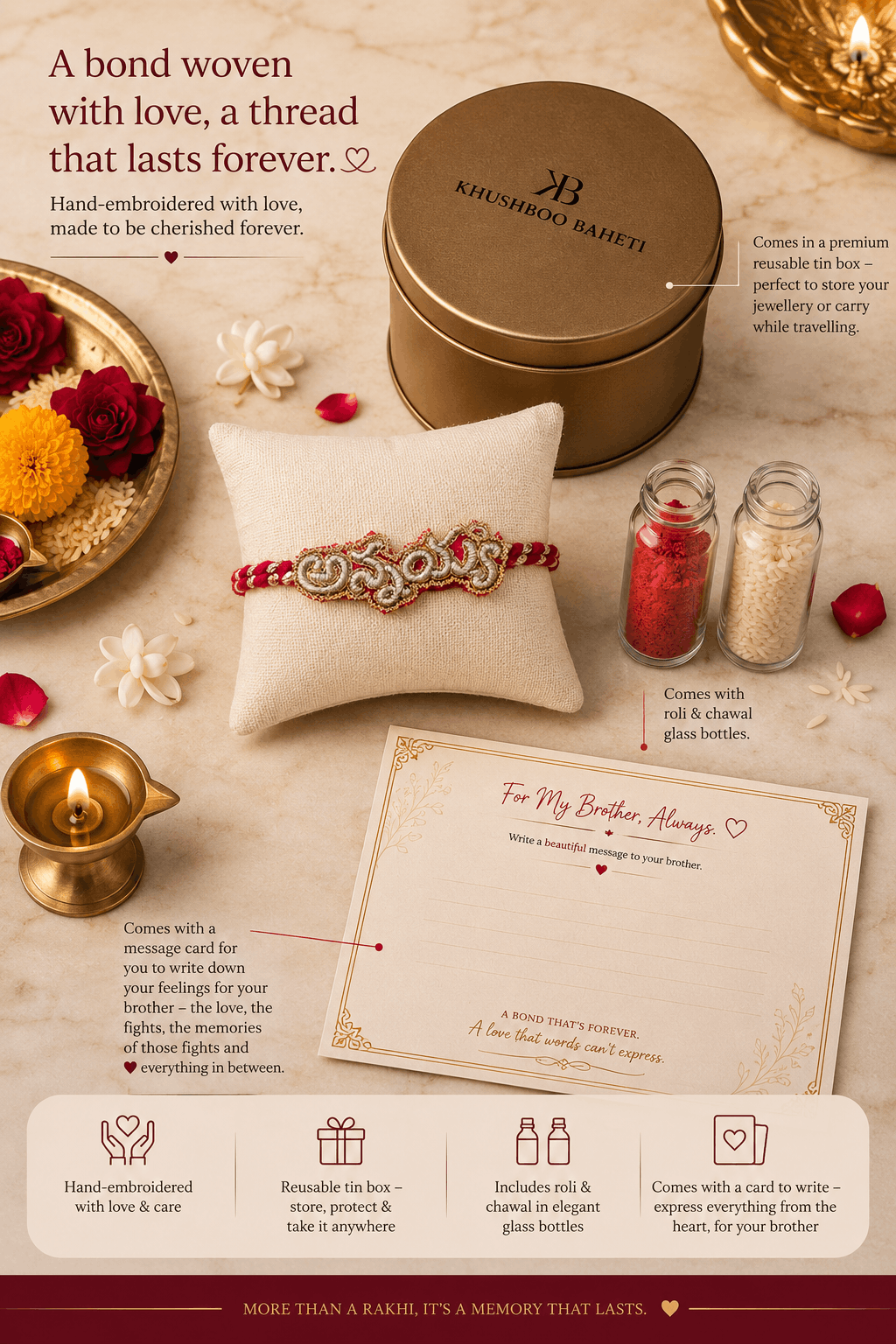 Annayya (in Telugu) Hand Embroidered Rakhi | Red & Silver | Anchor, Wool and Metallic Thread