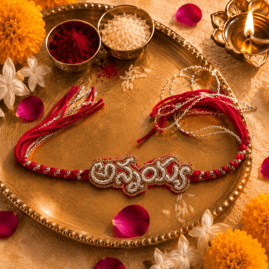 Annayya (in Telugu) Hand Embroidered Rakhi | Red & Silver | Anchor, Wool and Metallic Thread